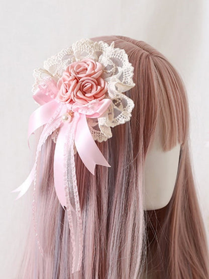 Sweet Lolita Floral Bowknot Lace Hairclips with Bead Charm