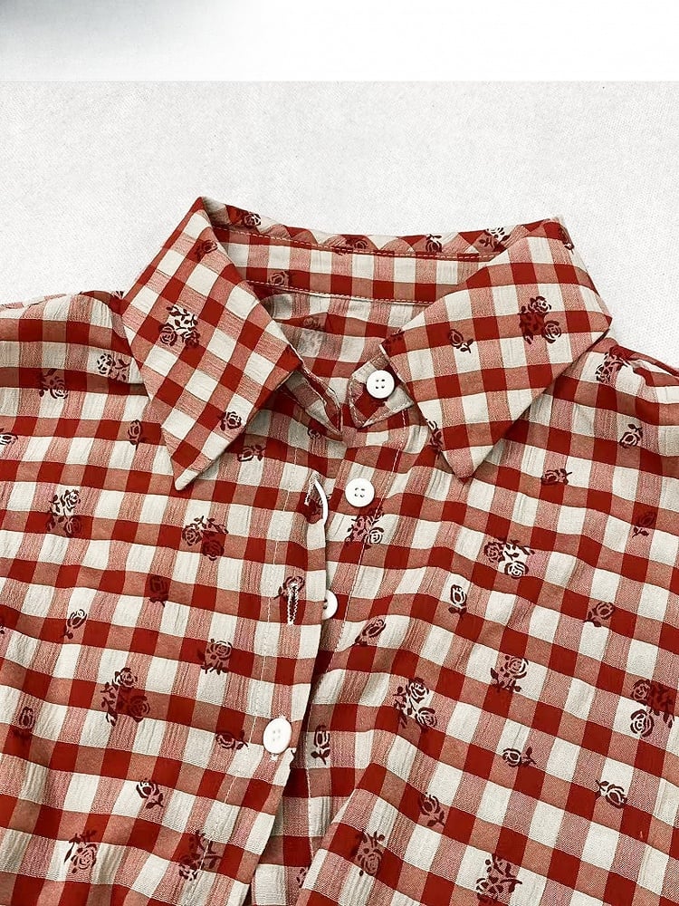 Red Plaid Pattern Floral Print Twist Details Shirt + Thigh-high Slit High-low Skirt