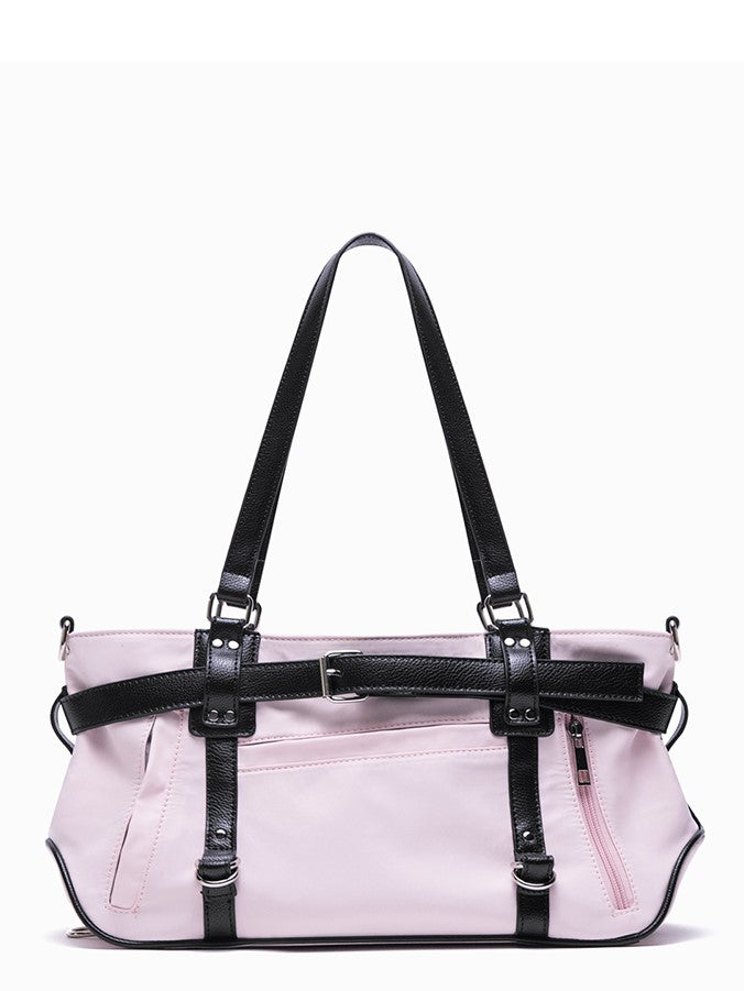 Pink Medium-Sized Nylon Tote Bag With Sweet And Edgy Belt Accents