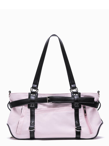 Pink Medium-Sized Nylon Tote Bag With Sweet And Edgy Belt Accents