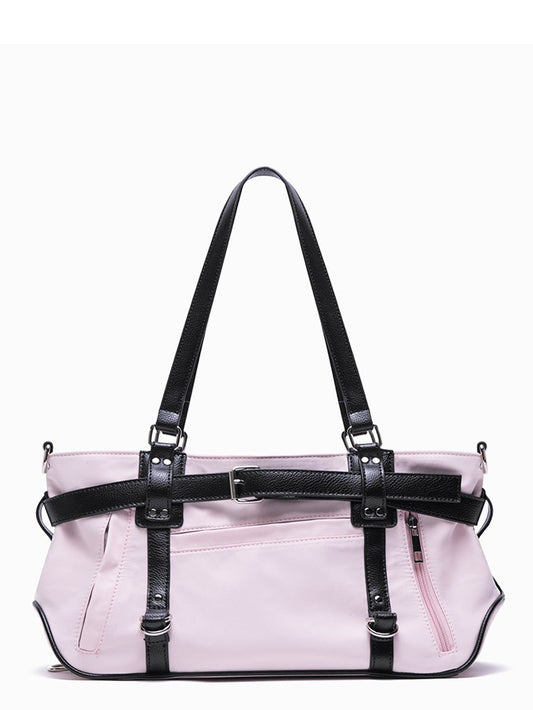 Pink Medium-Sized Nylon Tote Bag With Sweet And Edgy Belt Accents