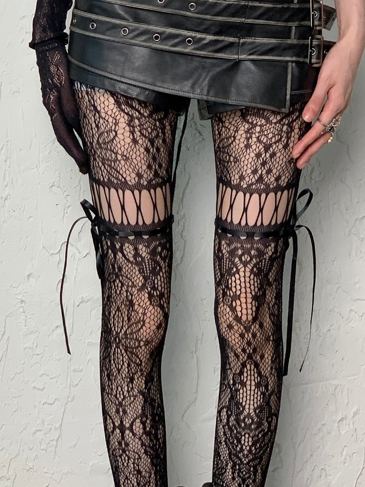5 Color Options Punk Self-tie Straps Hollow-out Design Tights