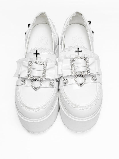 Polished White Jirai Kei Rhinestone Decorated Bow at Top Lace Trim Platform High Block Heels Slipons