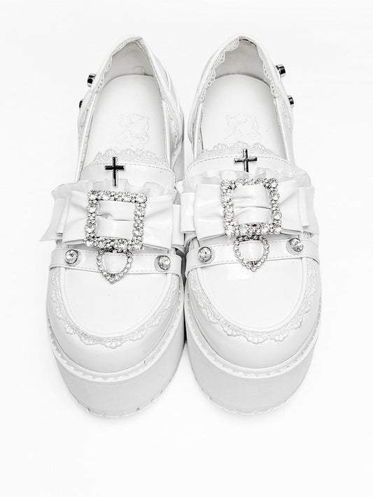 Polished White Jirai Kei Rhinestone Decorated Bow at Top Lace Trim Platform High Block Heels Slipons