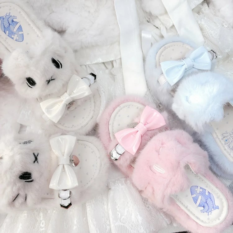 Rebellious Kitten Embroidery Slippers - Jirai Kei Pink Plush Platform with Bow & Heart Charm