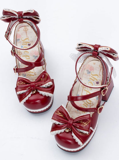 Red Crisscross Design Heart Buckles Detachable Bow at Top High Block Heels