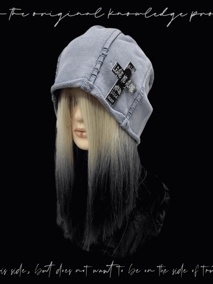 Y2K Black/Blue Rolled Hem Cross Accent Punk Rock Hat