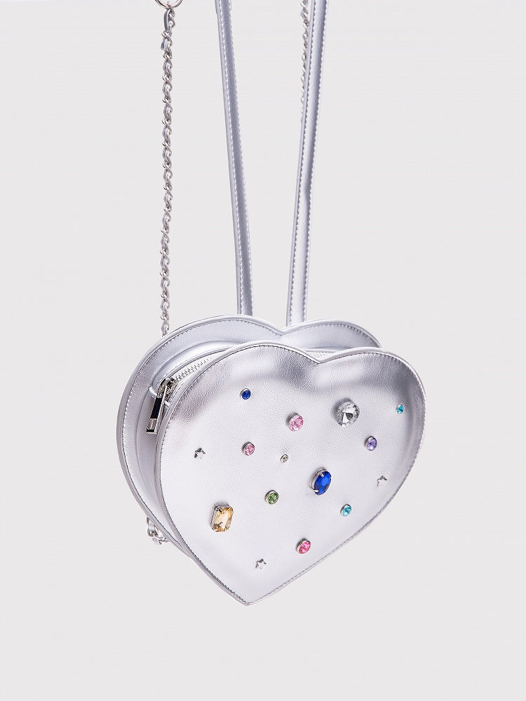 Sparkling Silver Heart-Shaped Backpack With Rhinestone Embellishments