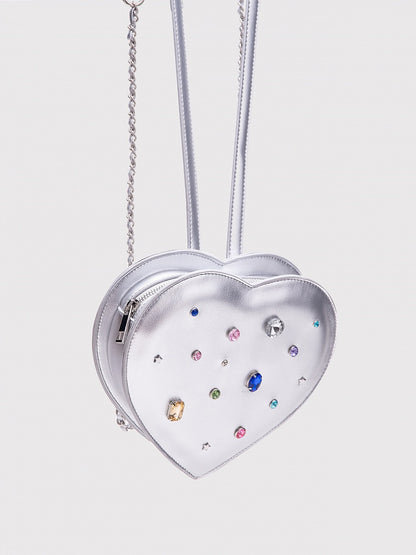 Sparkling Silver Heart-Shaped Backpack With Rhinestone Embellishments