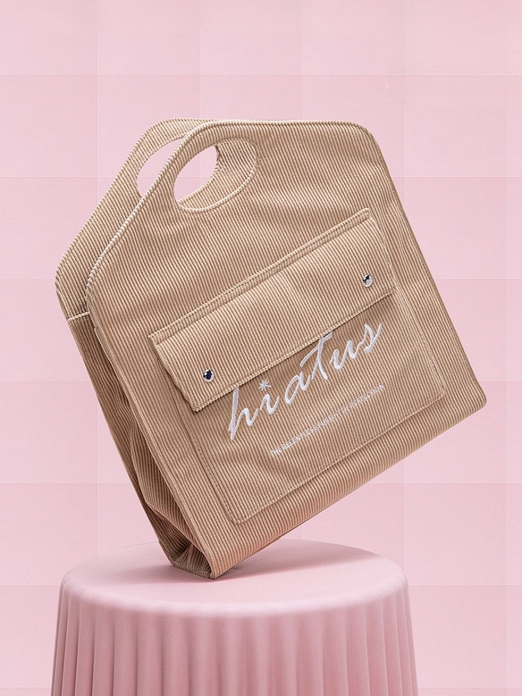 Brown Corduroy Tote Bag: Large Capacity & Lightweight With Embroidered Lettering