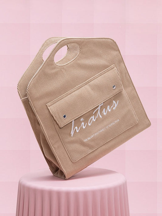 Brown Corduroy Tote Bag: Large Capacity & Lightweight With Embroidered Lettering