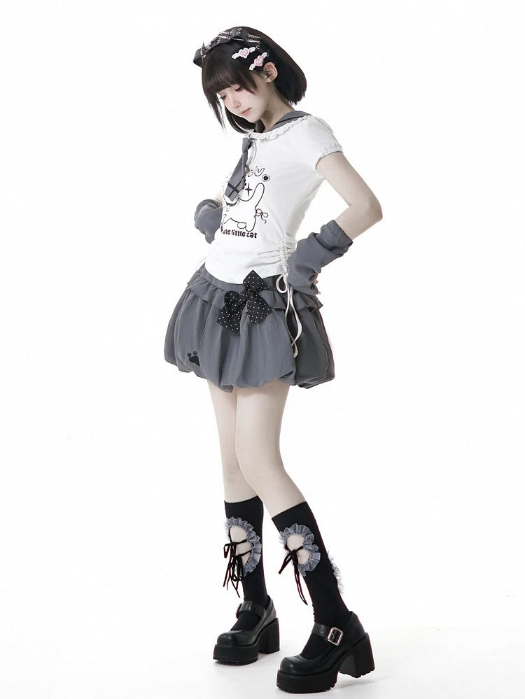 Cat Paw Embroidery Gray Bubble Skirt