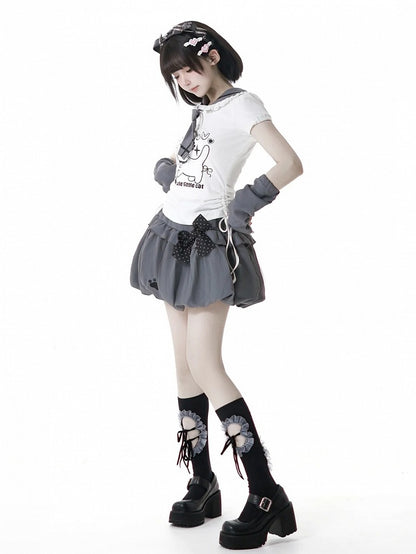 Cat Paw Embroidery Gray Bubble Skirt