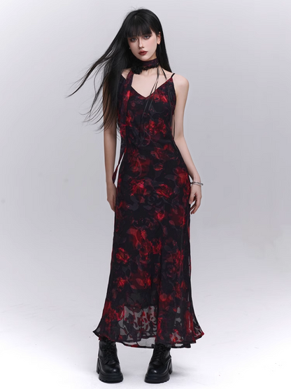 Red and Black V-Neck Ankle Length Floral Slip Dress