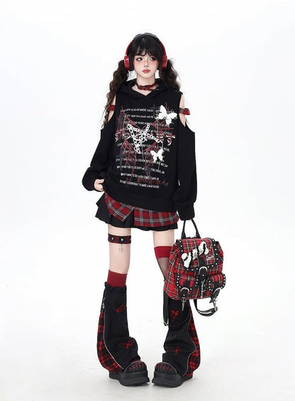 Y2K Style Plaid Leg Warmers in Black & White / Red & Black Colorblock with Star Appliques