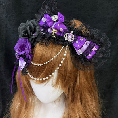 Two Black&Purple Rhinestone Heart And Crown Decorated Lace Trim Bead Chain Bowknot Hairclips With Dual Floral Hairclips