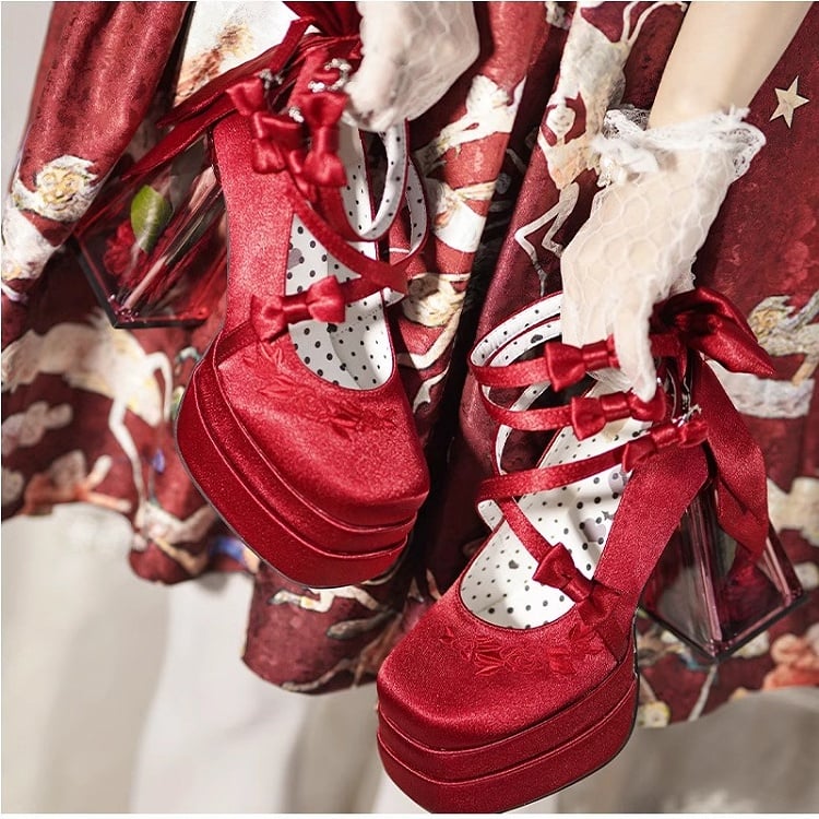 Red Camellia Flower High Block Heel Elegant Platform High Heels