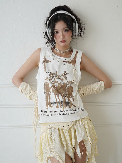 Cutout Detail White Lace-up Detail Tank Top