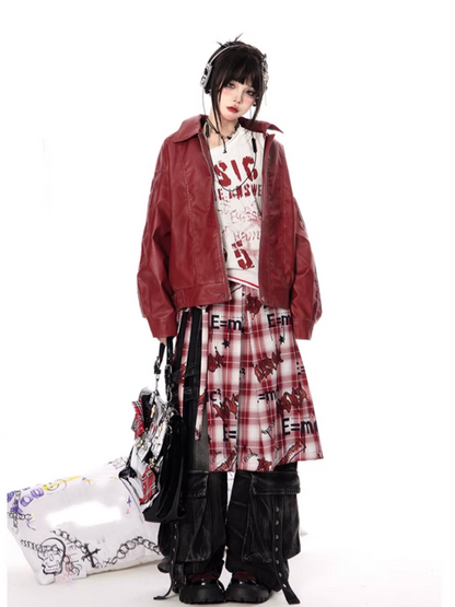 Vintage Red PU Leather Zip-up Jacket for Autumn