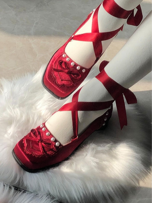 Red Balletcore Lace-up at Ankle Square-toe Satin Shoes