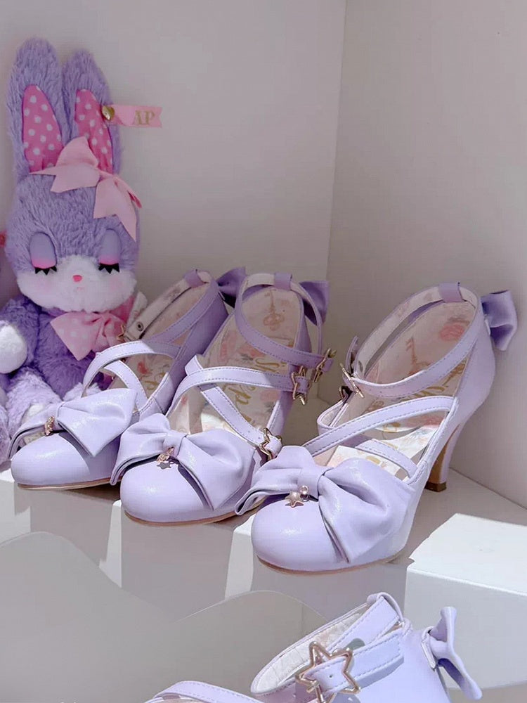 Purple Bow at Top Star Buckle Straps High Heels