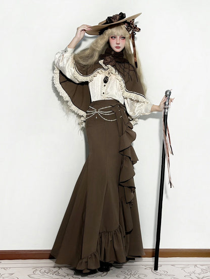 Brown High-low Hem Cape with Beige Scalloped Eyelet Trimming