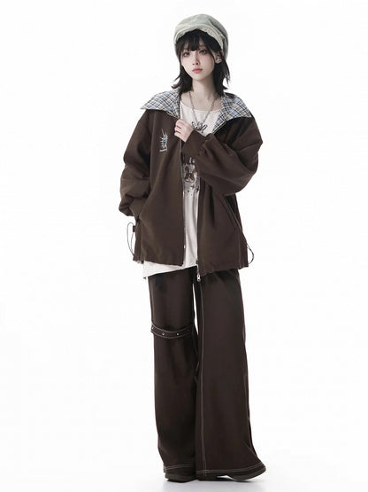 Brown Straight-Leg Cargo Pants with Strap Accents