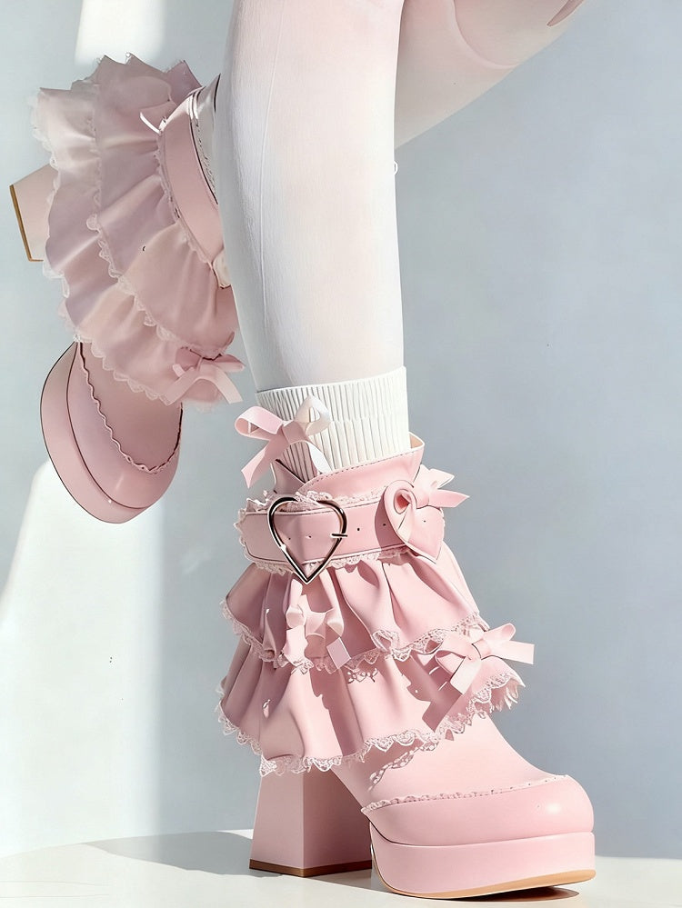 Sweet Lolita Platform Boots - High Block Heel, Sock-Style Collar with Removable Tiered Ruffles & Heart Details