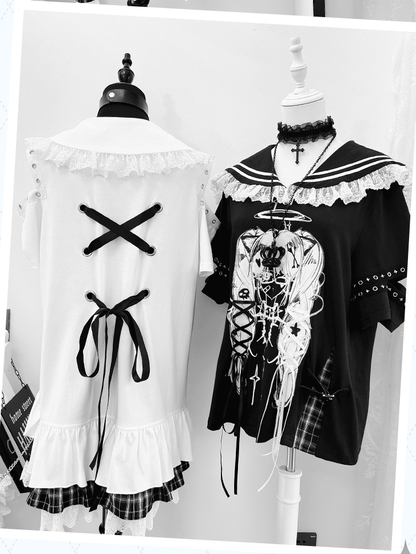 Anime Girl Print Peter Pan Collar Lace-up Details White Bittersweet Dress