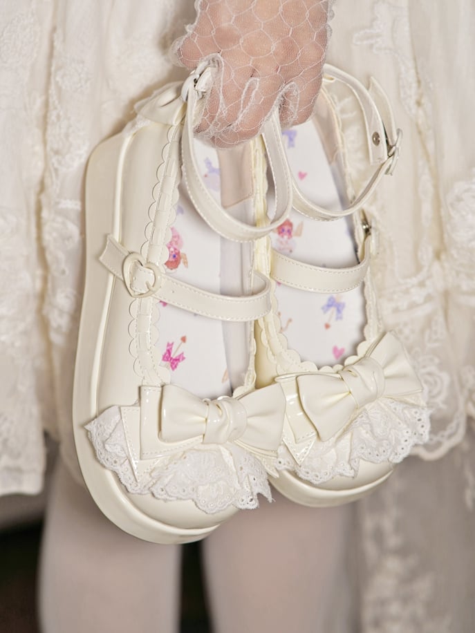 Milky White Bow at Top Lace Trim Heart Buckles Platforms