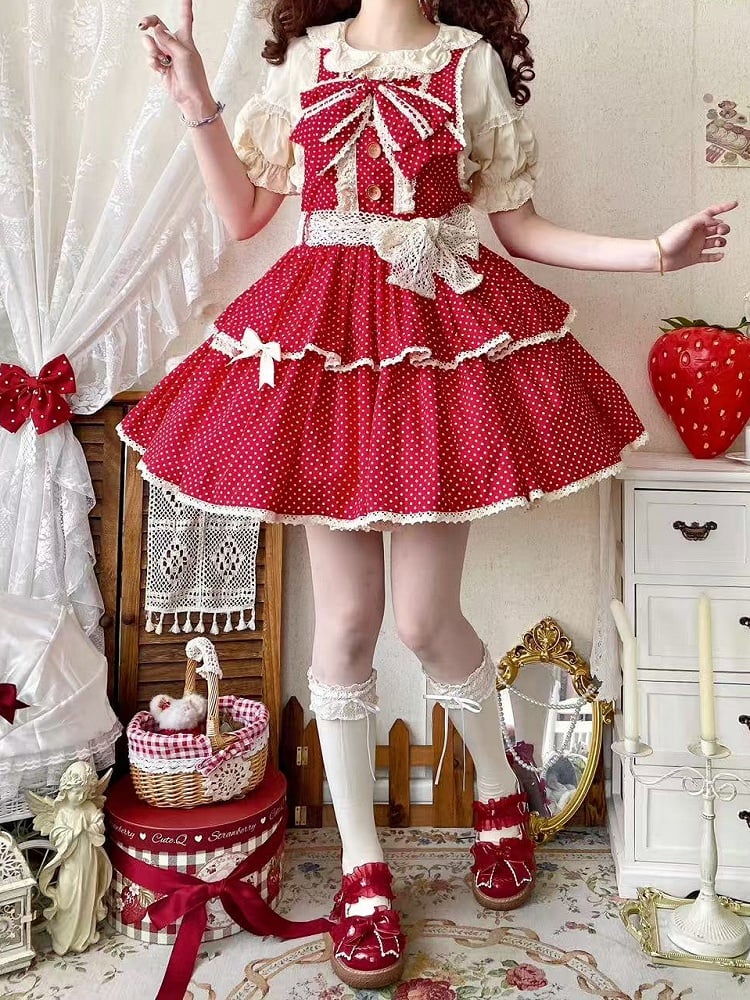 Red Polka-dot Pattern Old School Lolita Overall Dress