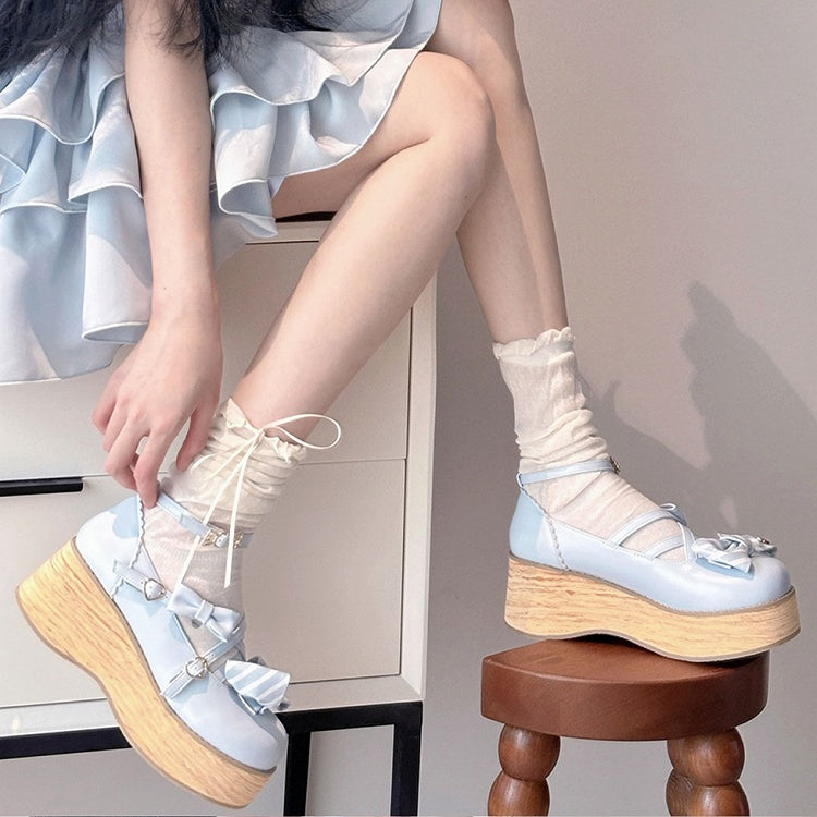 Striped Bow Accents Blue Round Toe Sweet Lolita Platforms Buckle Straps