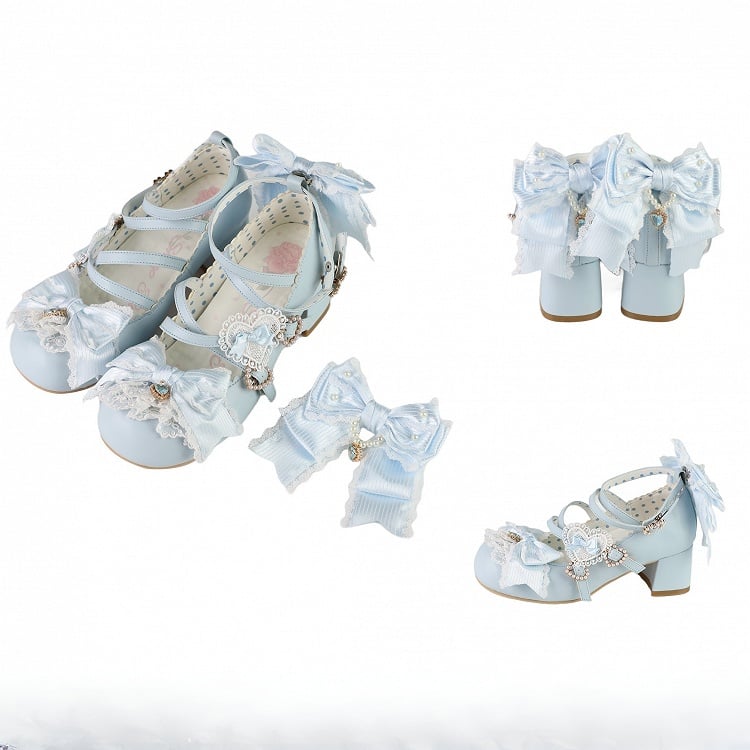 Blue Sweet Lolita Bowknot Details Crisscross Design Heart Buckle Straps 5CM Block Heels Shoes