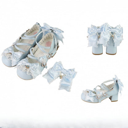 Blue Sweet Lolita Bowknot Details Crisscross Design Heart Buckle Straps 5CM Block Heels Shoes