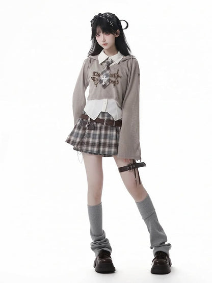 Y2K Lace-up Detail Black & White/ Khaki Plaid Skort with Buckle Belt and Chain