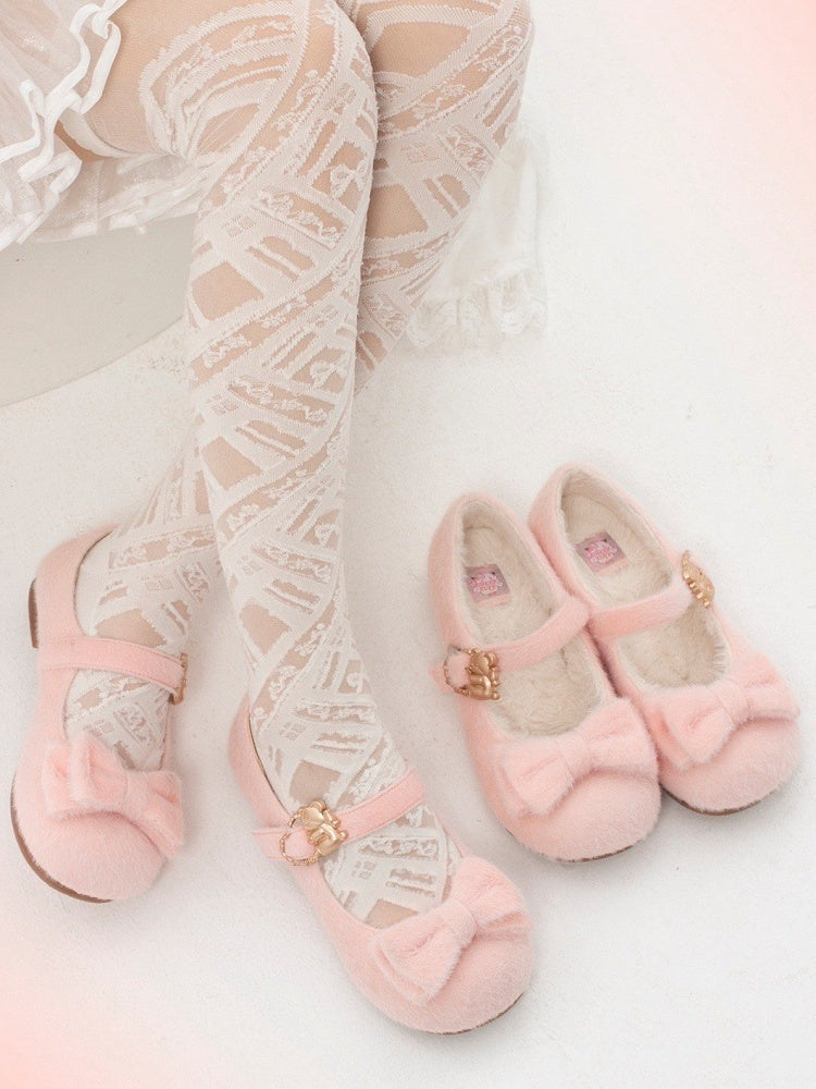 Plush Sweet Pink Flat Shoes for Lolita with Decorative Bow & Hugging Bear Clasps - Regular/Thicken Version