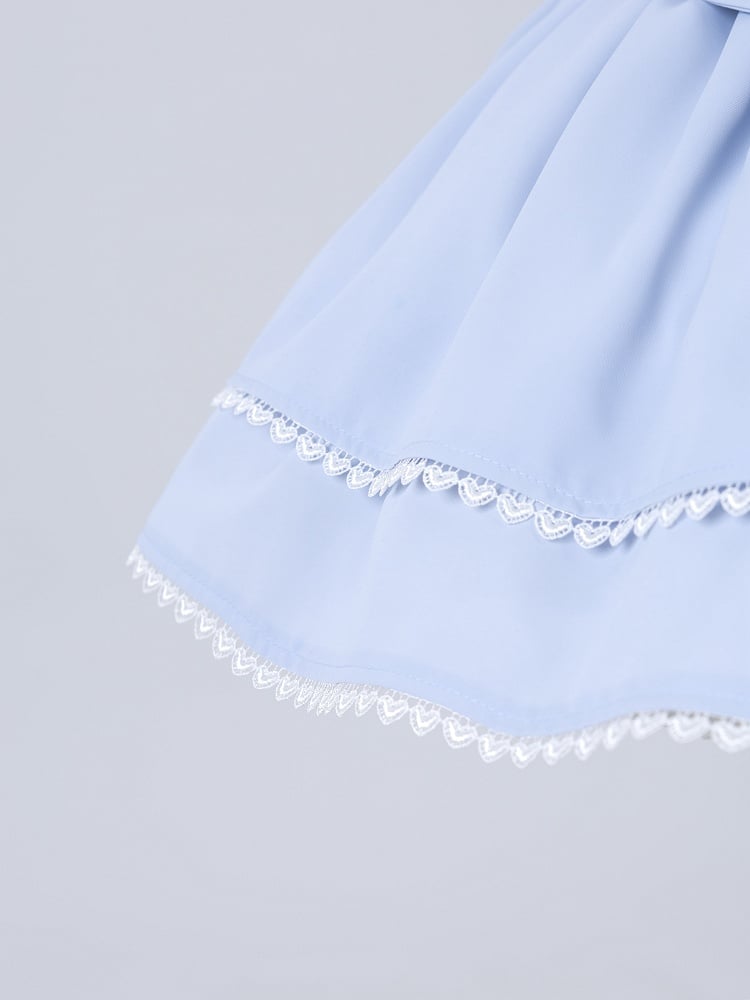 Baby Blue Jirai Kei Pompom Bows Adorned High Waist Skirt Smocked Elastic Back Waist
