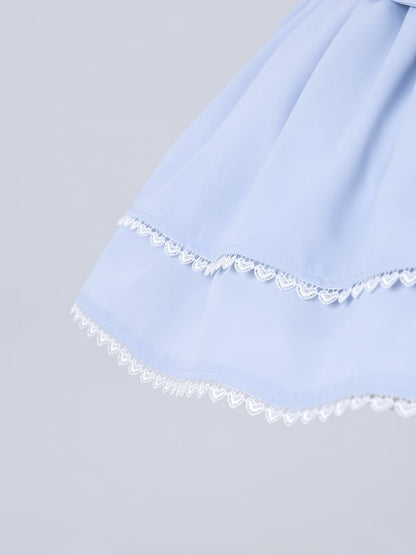 Baby Blue Jirai Kei Pompom Bows Adorned High Waist Skirt Smocked Elastic Back Waist