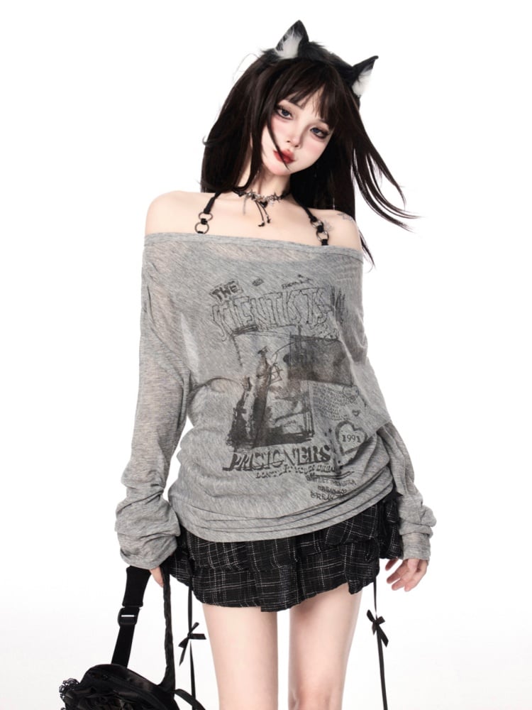 Off-the-shoulder Neckline White/Gray Semi-sheer Graphic Coverup