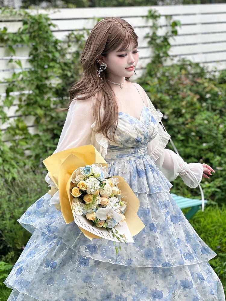 Plus Size Blue High Waist Floral Summer Holiday Dress