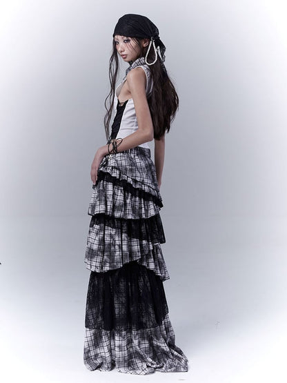 Black Punk Asymmetrical Tiered Plaid Skirt Regular/Long Version