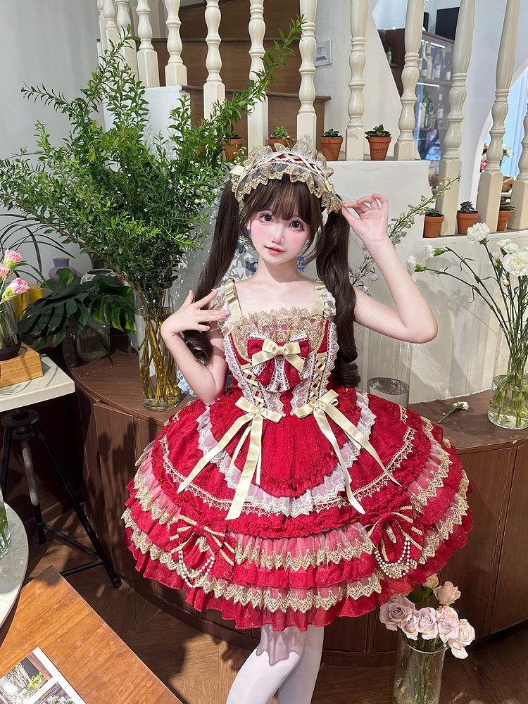Red Bead Chain Bows Decorated Tiered Skirt Princess Lolita Dress