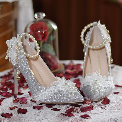 Silver Glittering Floral Detachable Beaded Chain 7CM/9CM Hime Lolita High Heels
