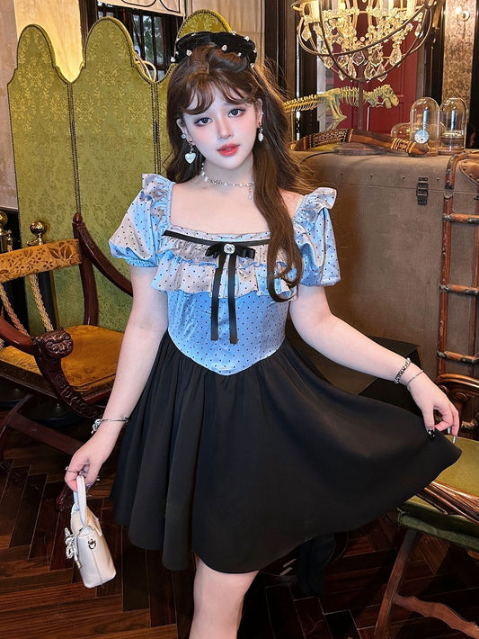 Plus Size Polka-dot Top Blue and Black Sweet Puff Sleeves Dress