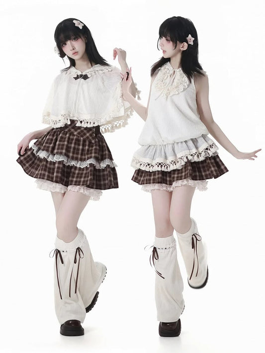 Brown Plaid Lace Trim Tiered Skort