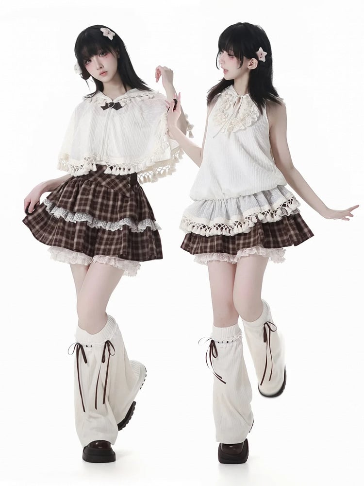 Beige Bohemian Tassel Hem Tiered Ruffles Self-tie Keyhole Neckline Hooded Sleeveless Top