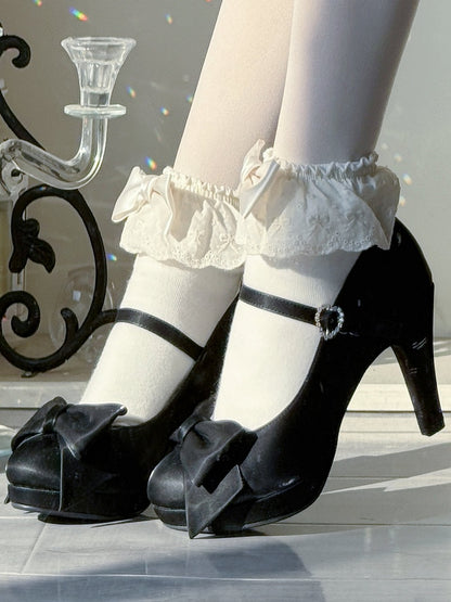 Black Elegant Lolita High Heels - Bow at Top & Rhinestone Heart Buckle