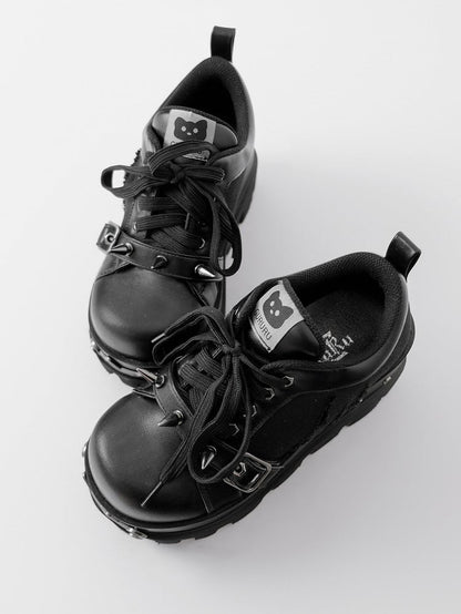 Black Punk Studs Details Buckle Strap Front Lace-up Ties Platforms