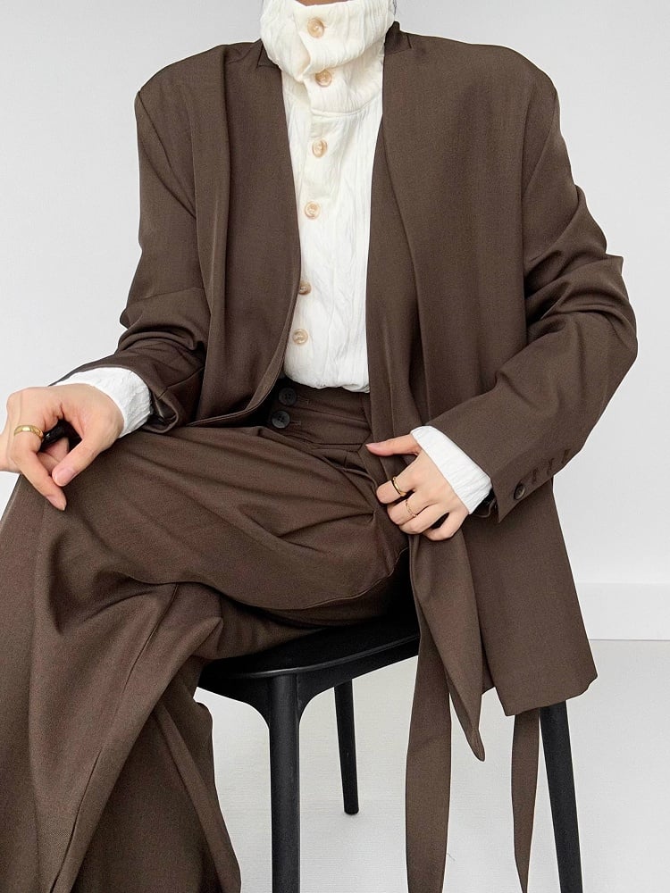 Ouji Lolita Coffee Wide-Leg Pants with Two-Button Fly & Side Ribbons