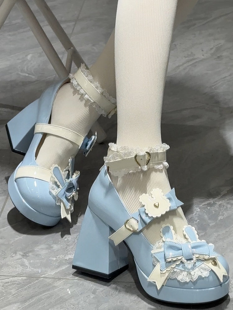 Polished Blue Sweet Lolita Bunny Decorated Bowknot Details Lace Trim Platform High Block Heels